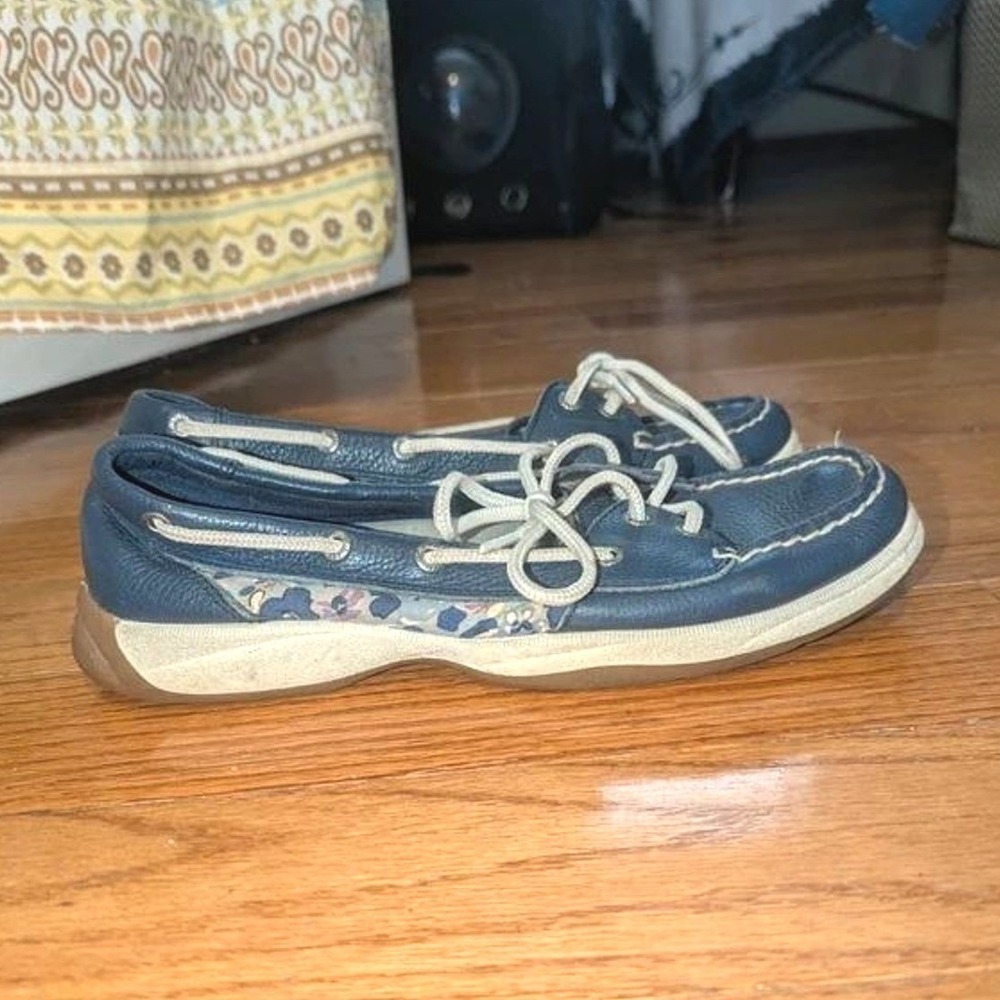 VTG Coastal Preppy Leather Boat Shoes Women's 7.5 Navy Floral Sperry Top-Sider